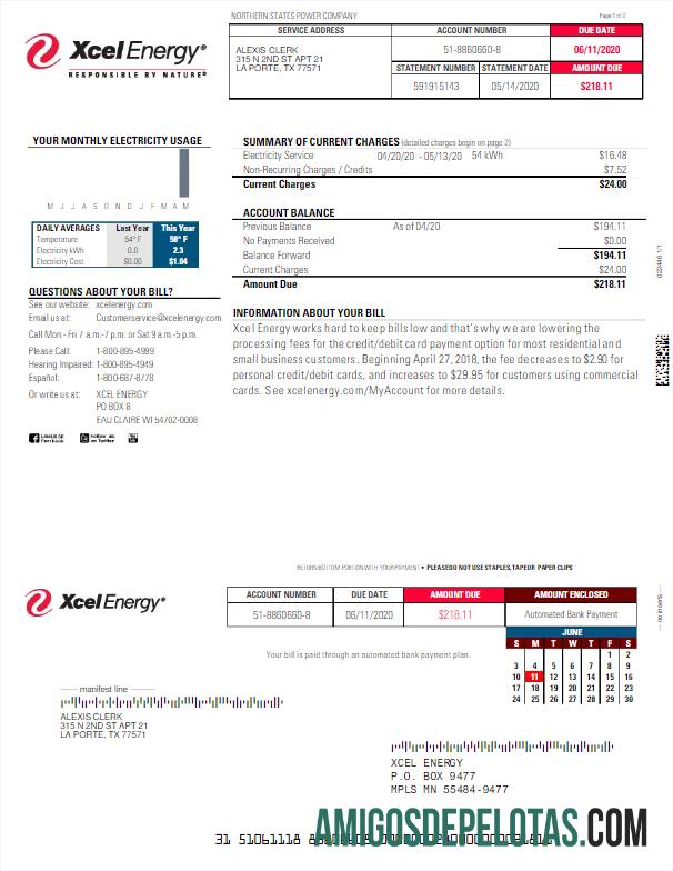 imprimível Modelo Word e PDF de fatura de serviços públicos dos EUA XCEL ENERGY